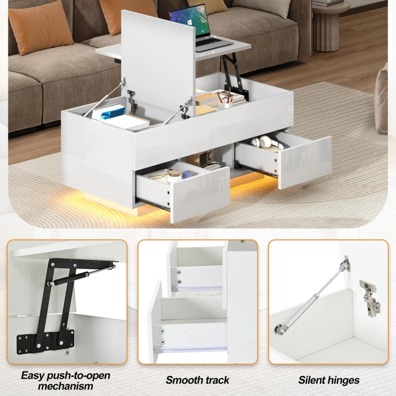 Lift-Top Coffee Table with App-Controlled RGB LED Lights, High-Gloss Center Table with Hidden Compartment, 100L x 45W x 43H cm, White