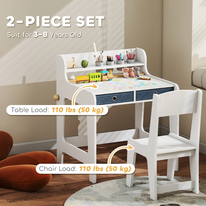 AIYAPLAY Set Scrivania e Sedia per Bambini con Ripiano, Portabicchieri, Cassetti, Ragazzi in Legno per Cameretta