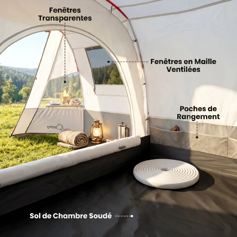 Outsunny Tente de camping familiale 3 personnes, tente tunnel imperméable, portes + fenêtres, 5,1 x 2,4 x 1,8 cm, gris clair