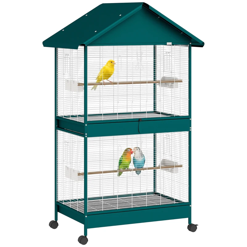 PawHut Cage à oiseaux sur roulettes avec séparateur amovible, 4 mangeoires et 2 perchoirs, 2 plateaux coulissants, 94x70x158cm