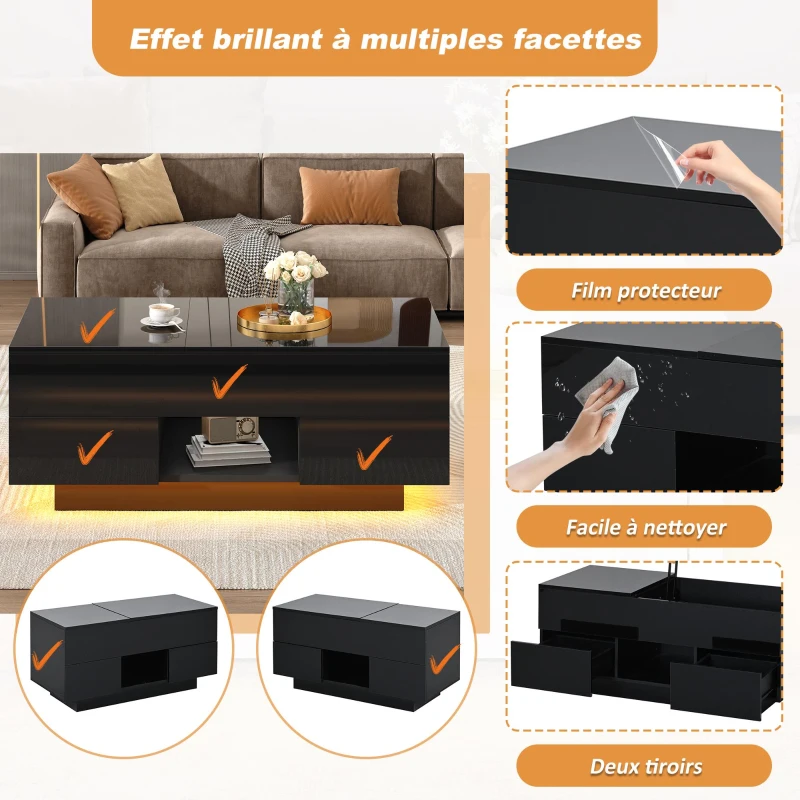 Lift-Top Coffee Table with App-Controlled RGB LED Lights, High-Gloss Center Table with Hidden Compartment, 100L x 45W x 43H cm, Black