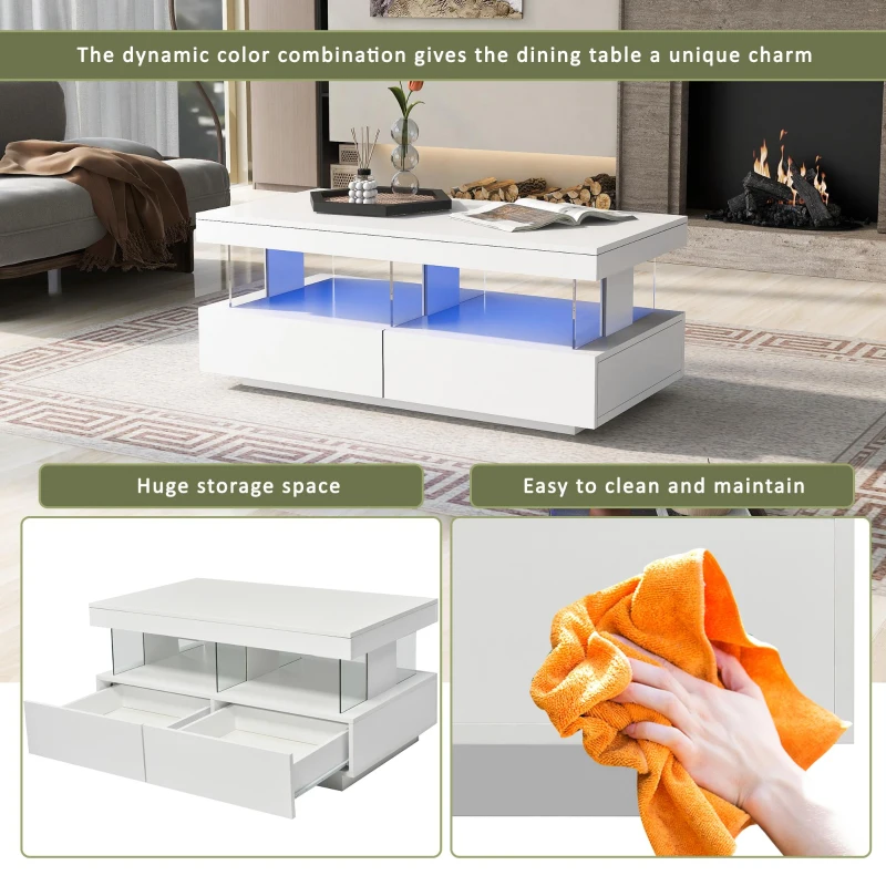 High-Gloss LED Coffee Table with App-Controlled Lights, Modern Center Table with Sleek Contemporary Design, 100L x 60W x 49.5H cm, White