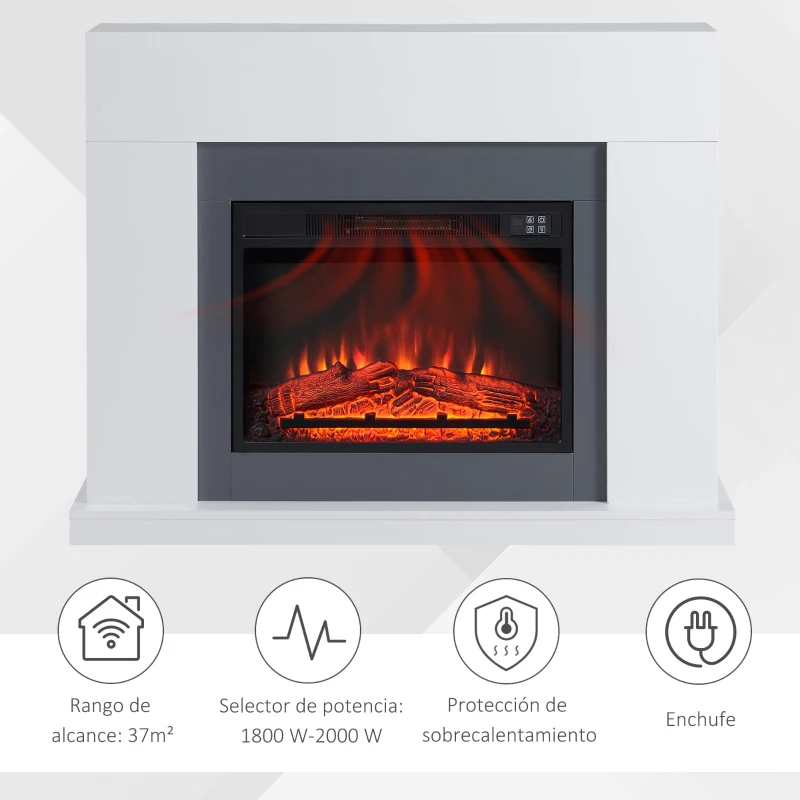 HOMCOM Chimenea Eléctrica 1800W-2000W con Mando a Distancia Llama Ajustable Termostato Temporizador Semanal para 37 m² Blanco