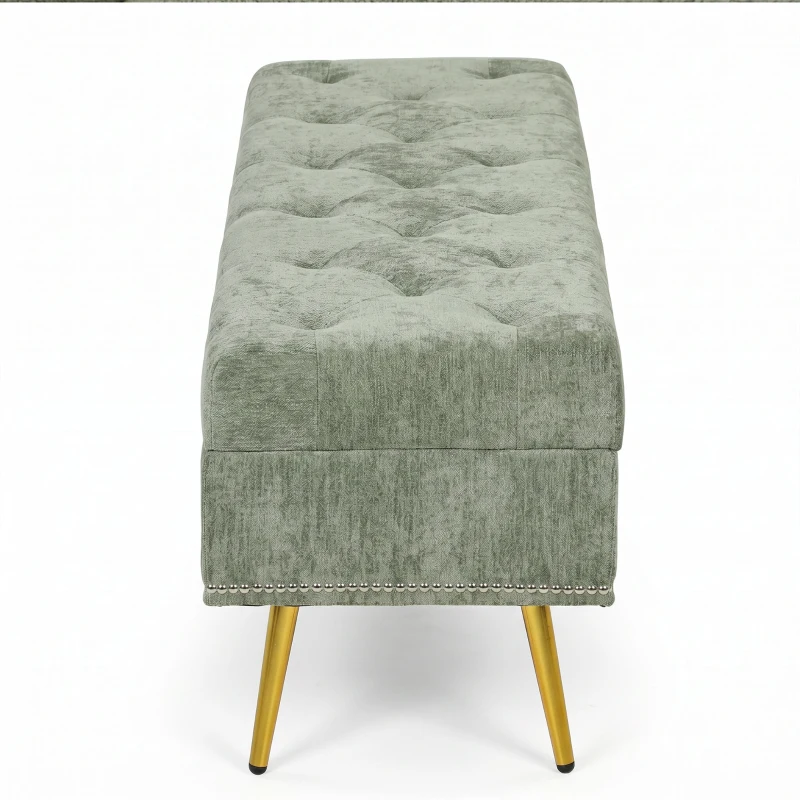 HOMCOM Storage Ottoman, Chenille Upholstered Ottoman Storage Box with Padded Seat, Metal Legs, 114 x 41 x 45 cm, Light Green