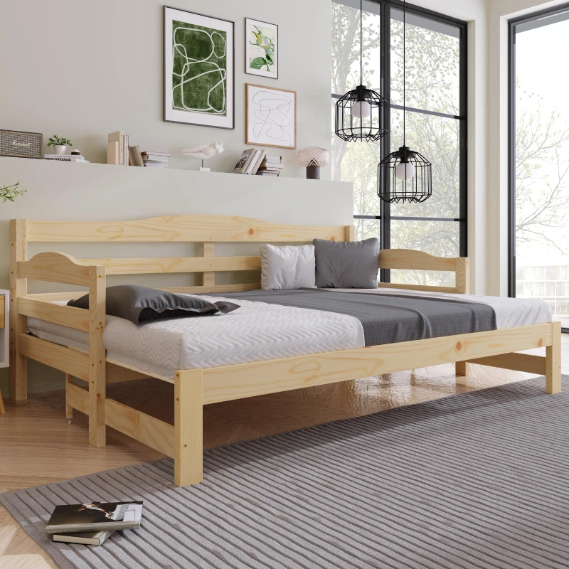 Stylish Cabin Bed with Pull-Out Trundle and Practical Storage, Natural Finish Wooden Bed Frame with MDF Slatted Base, 196L x 187W x 73H cm, Natural
