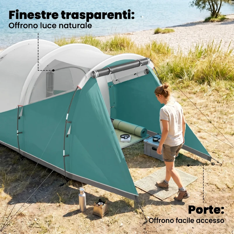 Outsunny Tenda da Campeggio 3 Posti Impermeabile a Tunnel con Borsa di Trasporto, 460x260x190 cm, Verde