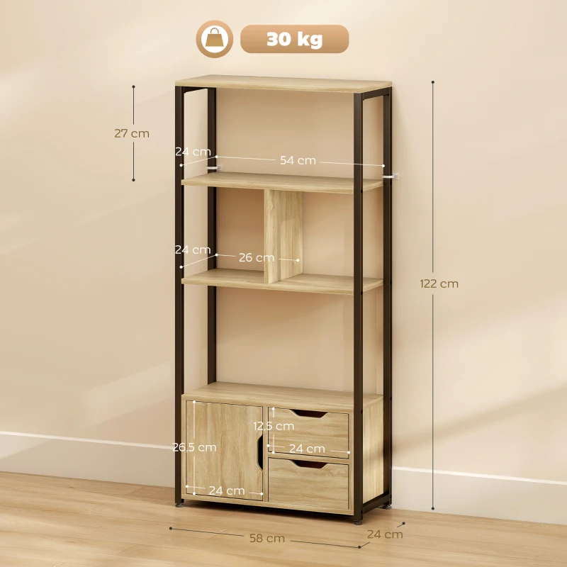 HOMCOM Bibliothèque style industriel 3 étagères placard porte 2 tiroirs 58 x 24 x 122 cm effet bois naturel acier noir