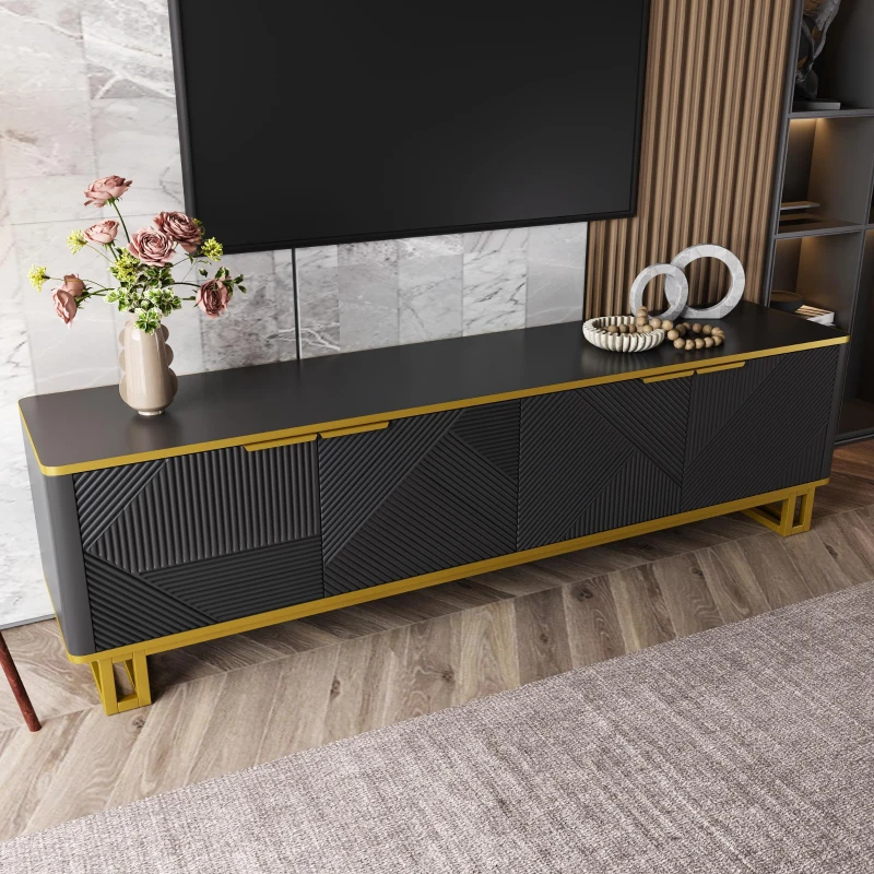 Modern TV Cabinet with 4 Geometric Embossed Doors and Open Top Shelf, Spacious TV Stand with Hidden Storage, 160L x 37.5W x 48H cm, Black