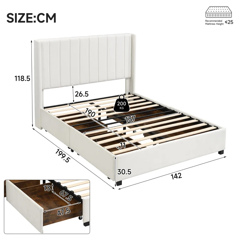 Upholstered Double Bed with Soft Padded Headboard, Practical Storage Bed with Smooth Castors, 200L x 142W x 118.5H cm, Beige
