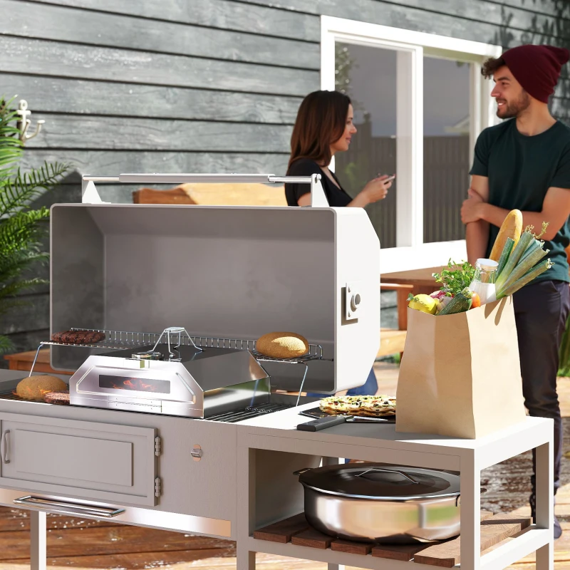 Outsunny 8 in Portable Stainless Steel BBQ Grill Top Pizza Oven with Built-in Thermometer and Viewing Window for Gas and Charcoal BBQ Grills, Includes Carry Handles, Pizza Stone and Peel, Silver Tone