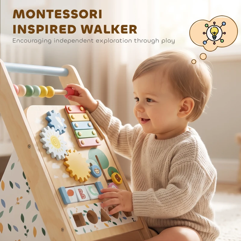 AIYAPLAY Trotteur Bebe en Bois, Chariot de Marche Bébé avec Centre d'Activités, Vitesse Réglable et 5 Blocs, dès 18 Mois, Naturel