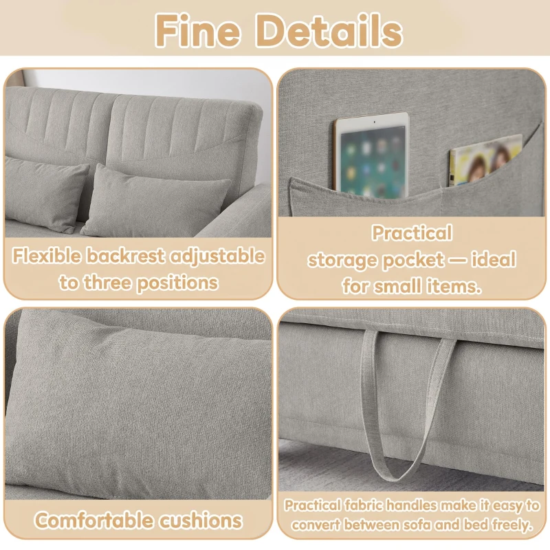 Two-Seater Pull-Out Sofa Bed with Three-Level Adjustable Backrest, Stylish Futon Couches with High-Density Foam, 112L x 169W x 59H cm, Light Gray