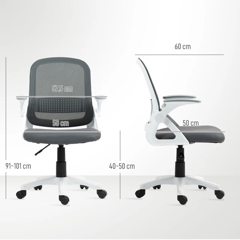 HOMCOM Atmungsaktiver Mesh-Bürostuhl, Ergonomischer Drehstuhl mit klappbaren Armlehnen und Lendenwirbelstütze, Grau