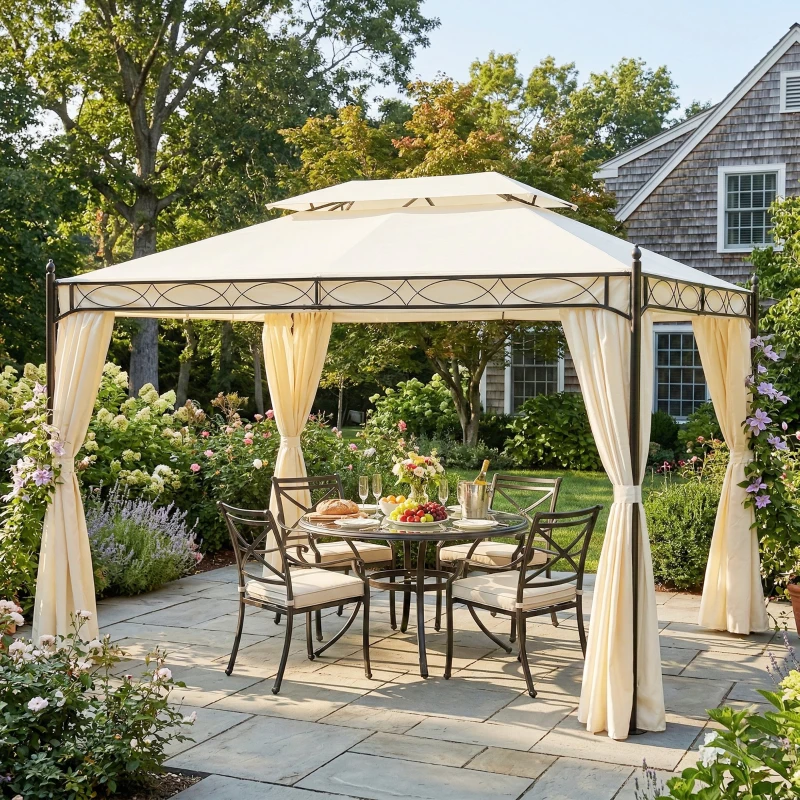 Outsunny Pérgola de Jardim 4x3 m com Telhado Duplo 4 Cortinas Estrutura de Aço 8 Orifícios de Drenagem Anti-UV Creme