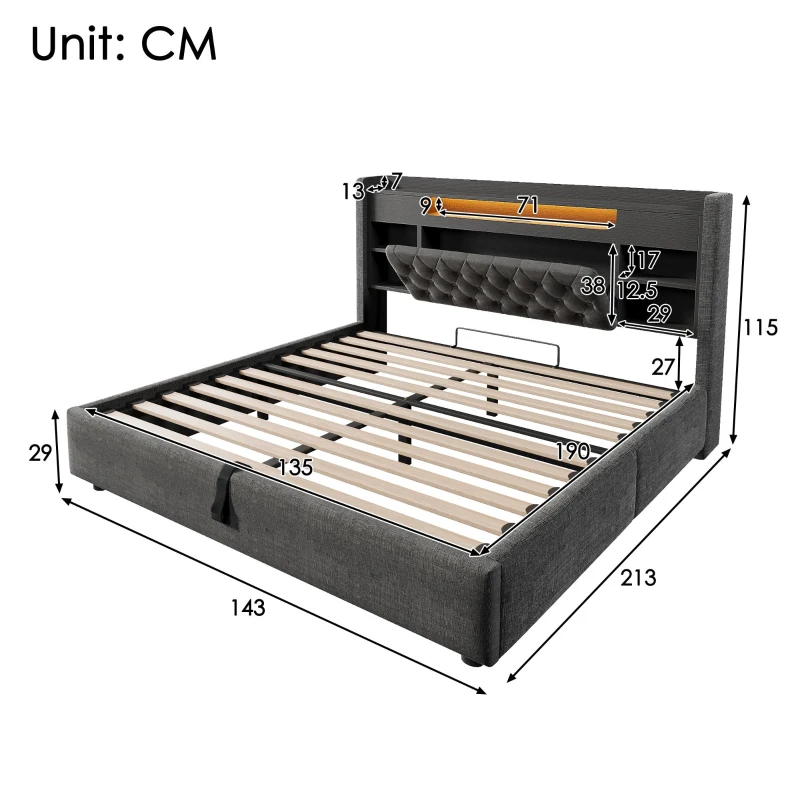 Upholstered Linen Bed Frame with Ambient LED Lighting, 4ft6 Double Bed with Hydraulic Under-Bed Storage, 213L x 143W x 115H cm, Grey