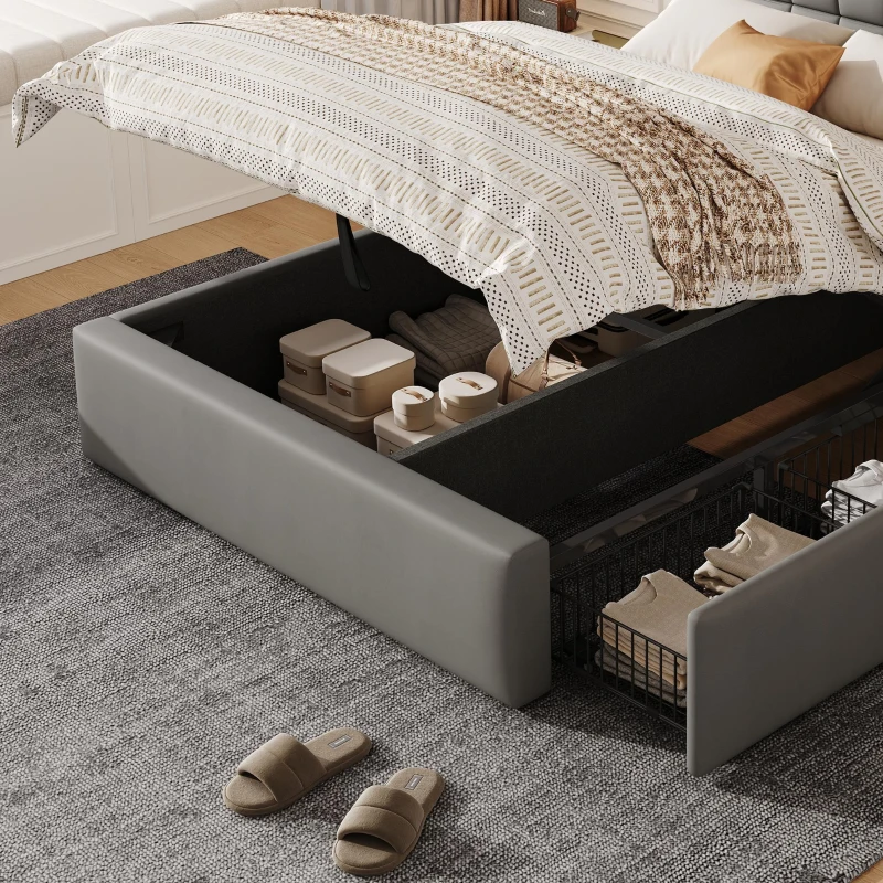 Elegant Upholstered Bed with Hydraulic Lift, Sturdy Storage Bed with 3 Storage Drawers, 202L x 148W x 100H cm, Grey