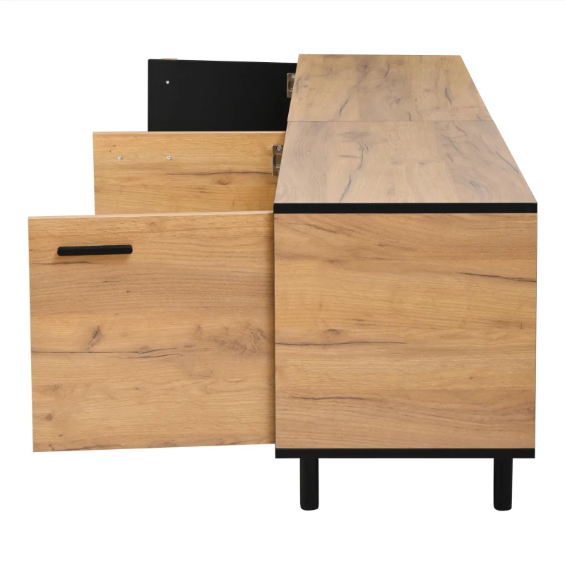 Modern 180cm TV Stand with Ample Concealed Storage, Low-Profile Entertainment Centre for TVs up to 80 Inches, 180L x 32.5W x 50H cm, Black+Wood