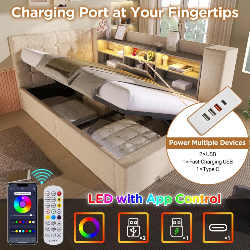 Upholstered Daybed with Hydraulic Under-Bed Storage, Beige Linen Sofa Bed with App-Controlled LED Lighting, 203L x 108W x 86H cm, Beige