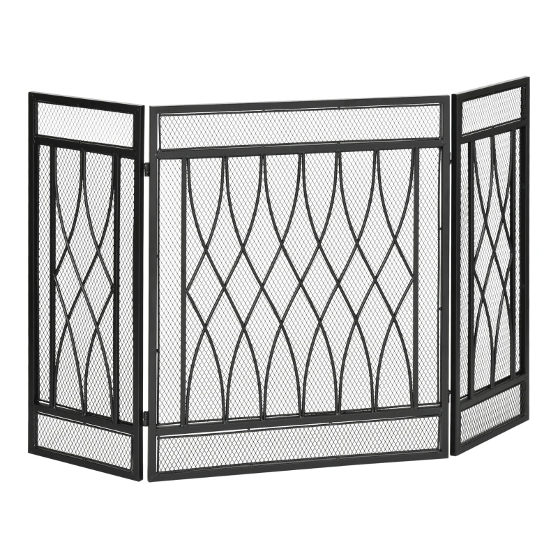 HOMCOM Pantalla Protectora de Chimenea Plegable de 3 Paneles con Bisagras y Estructura de Metal Decorativa 126x3x80 cm Negro
