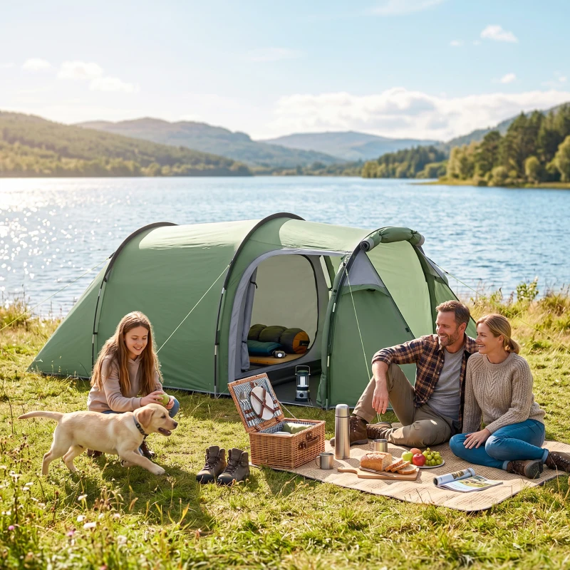 Outsunny Tenda da Campeggio 2 Posti con Telo Impermeabile e Porte con Cerniera, 426x206x15 cm, Verde Scuro
