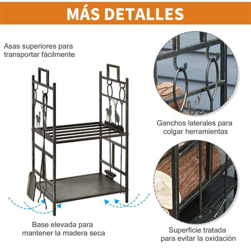 Outsunny Soporte para Leña de Metal con 4 Herramientas y Asas para Interior y Exterior 51,5x33x77 cm Negro Dorado