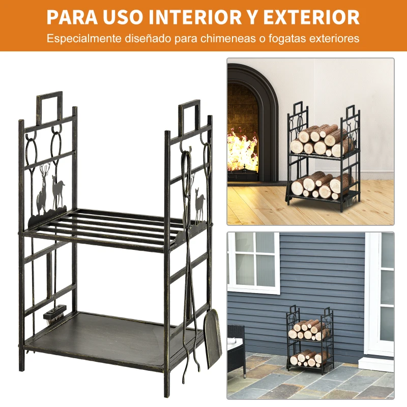 Outsunny Soporte para Leña de Metal con 4 Herramientas y Asas para Interior y Exterior 51,5x33x77 cm Negro Dorado