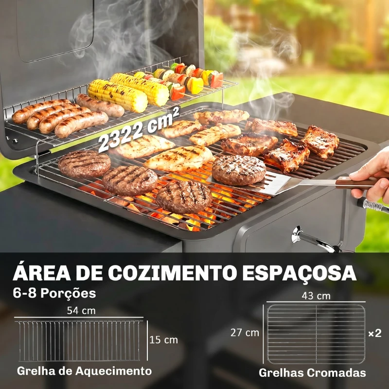 Outsunny Grelhador de Carvão com Bandeja e Ventilação Ajustável Prateleiras Laterais Rodas Termómetro Tampa e Porta 112x63x101,5 cm Preto