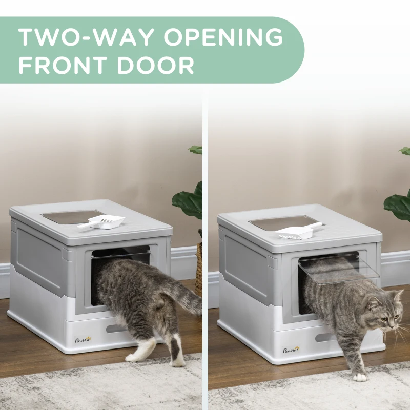PawHut Hooded Cat Litter Box, Portable Pet Toilet, with Scoop, Front Entry - Grey