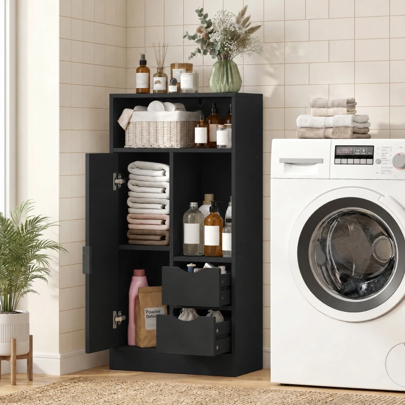 HOMCOM Mueble de Baño Estrecho con Cajones Compartimentos Abiertos Negro