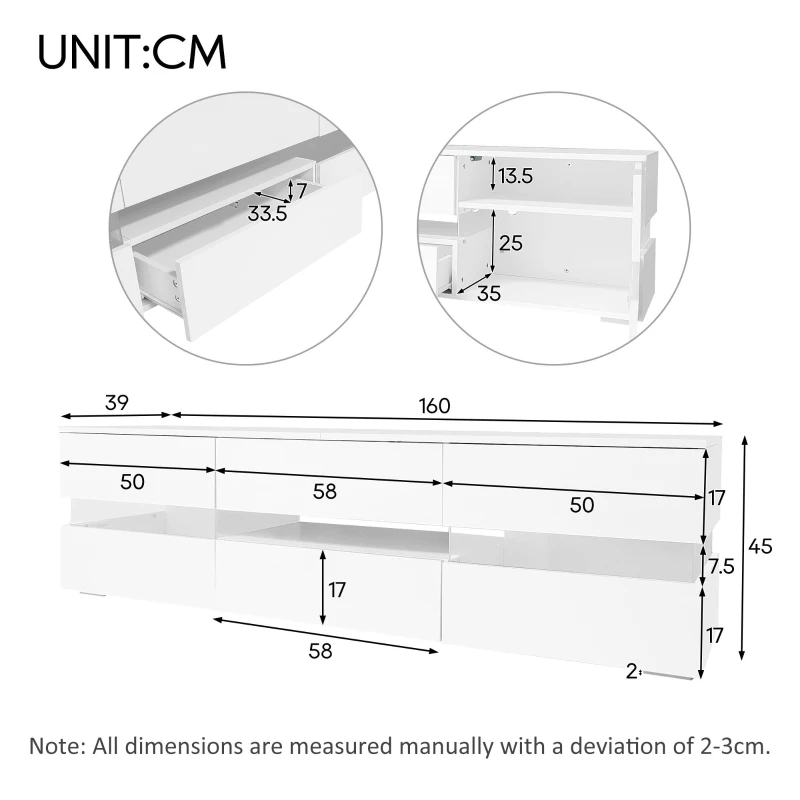 High-Gloss LED TV Cabinet with App-Controlled LED Lighting, Modern TV Stand with 2 Open Shelves, 160L x 38W x 50.5H cm, White
