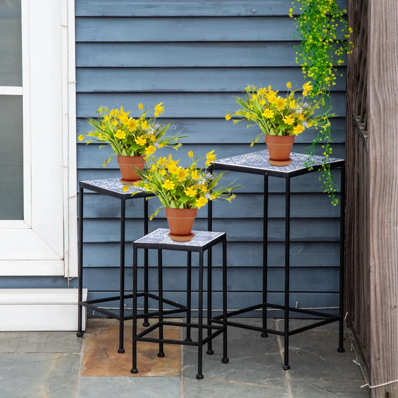 Outsunny Suporte para Vasos de Metal 3 Peças Empilháveis Suporte para Plantas com Bancada de Azulejo Decorativa para Interiores e Exteriores 31,5x31,5x60,5 cm Azul e Preto