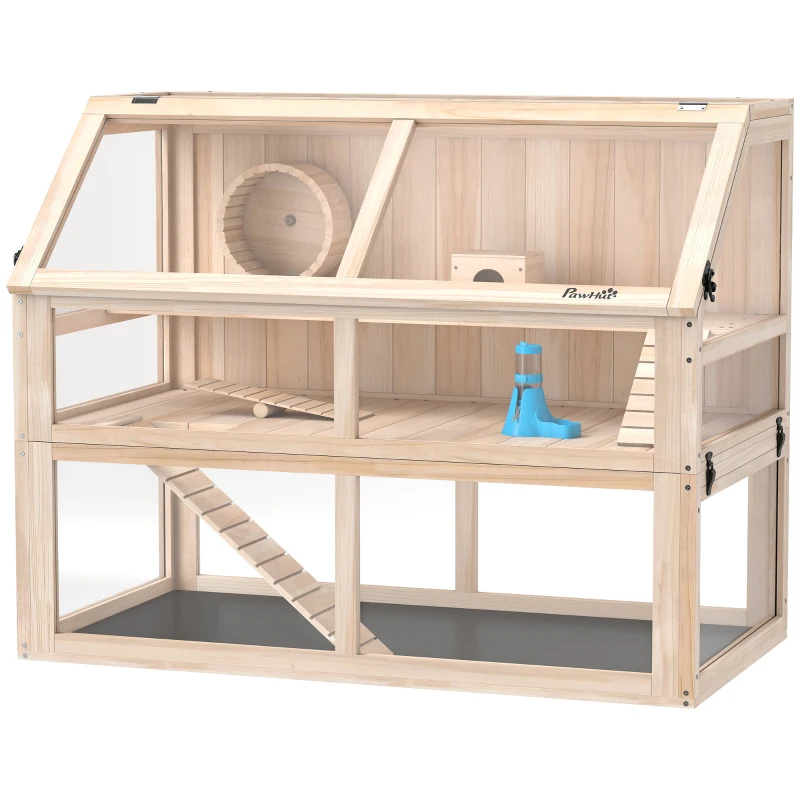 PawHut Houtenen hamsterskooi 3 verdiepingen knaagdierkooi met wip, looprad en huisje 95 x 53 x 76 cm natuurhout
