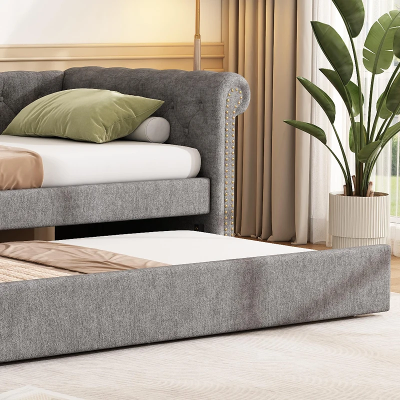 Upholstered Single Daybed Sofa Bed with Sturdy Slatted Base, Convertible Bed-to-Sofa with Padded Velvet Headboard, 221L x 98.5W x 71.5H cm, Grey