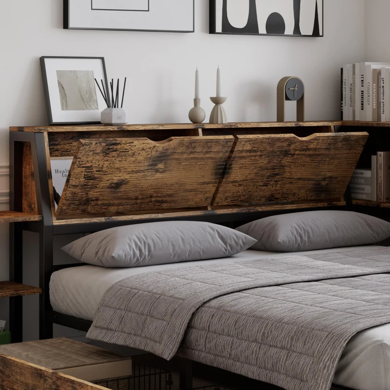 Classic Double Bed with Two Underbed Drawers, Sturdy Storage Bed with Built‑In Bedside Storage, 200L x 136.5W x 85H cm, Rustic Brown