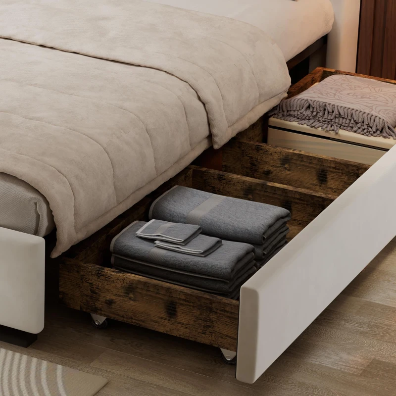 Upholstered Double Bed with Soft Padded Headboard, Practical Storage Bed with Smooth Castors, 200L x 142W x 118.5H cm, Beige
