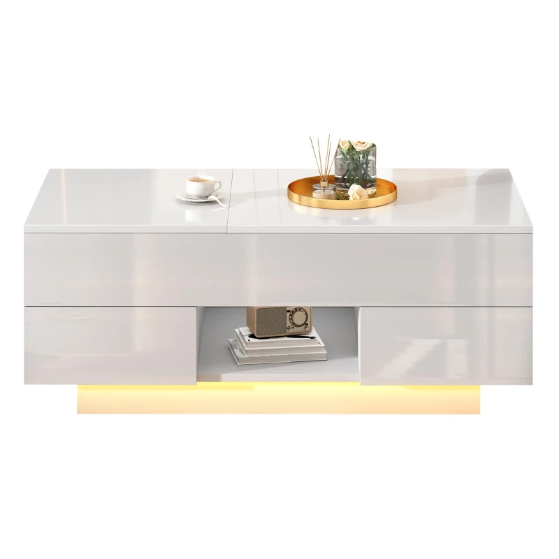 Lift-Top Coffee Table with App-Controlled RGB LED Lights, High-Gloss Center Table with Hidden Compartment, 100L x 45W x 43H cm, White
