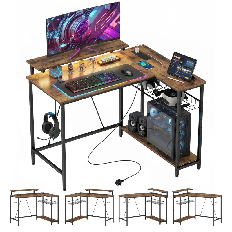 HOMCOM Reversible 'L' LED Light Gaming/Work Desk - Rustic Brown