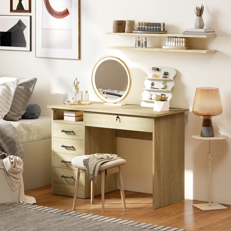 HOMCOM Bureau moderne avec 5 tiroirs, grand plateau, 1 compartiment ouvert, tiroir verrouillable, 110 x 50 x 76cm, chêne