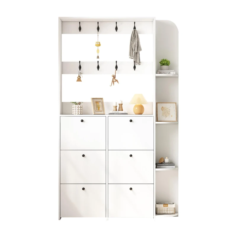 Coat Rack and Shoe Storage Cabinet with Shoe Cubbies, Space-Saving Hallway Storage Unit with Hinged Doors, 120L x 24W x 200H cm, White