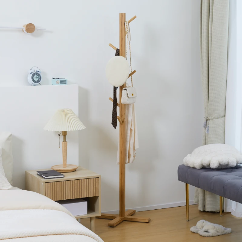 HOMCOM Portemanteau en bambou, portant à vêtements avec 8 patères, pour couloir, chambre, buanderie, bois naturel
