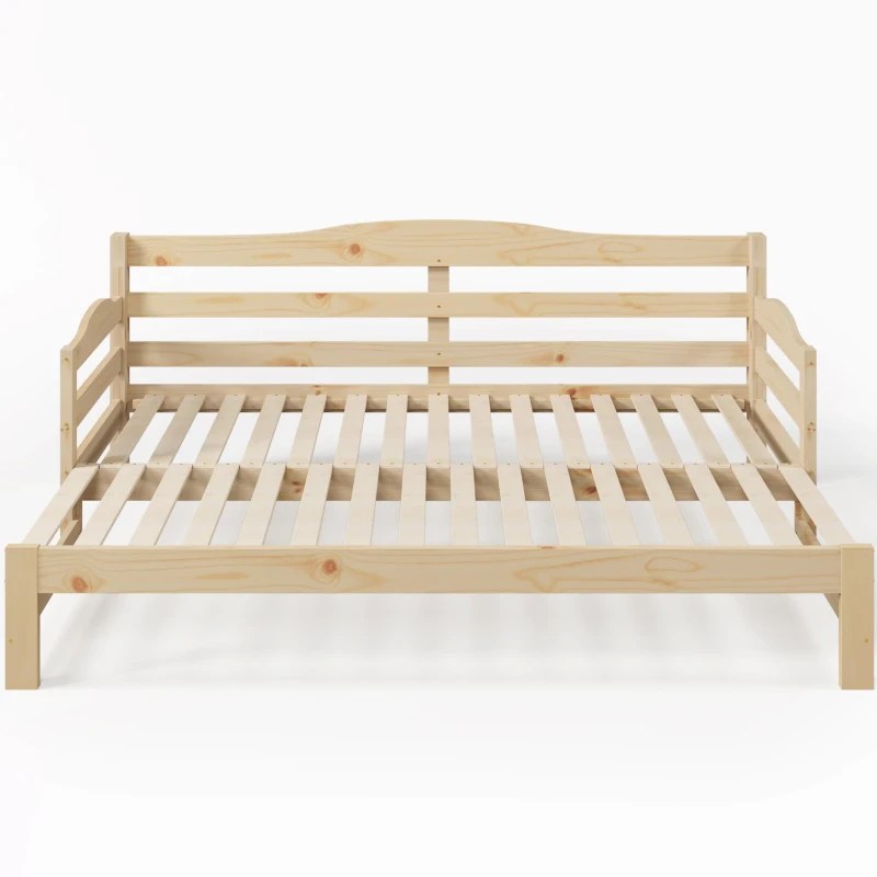 Stylish Cabin Bed with Pull-Out Trundle and Practical Storage, Natural Finish Wooden Bed Frame with MDF Slatted Base, 196L x 187W x 73H cm, Natural