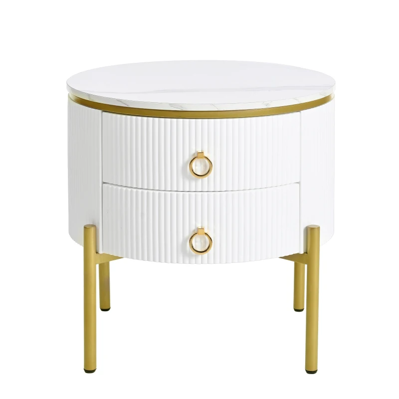 Modern Side Table with Marble-Effect Top and 2 Drawers, Durable Coffee Table with Adjustable Legs, 50L x 50W x 51H cm, White