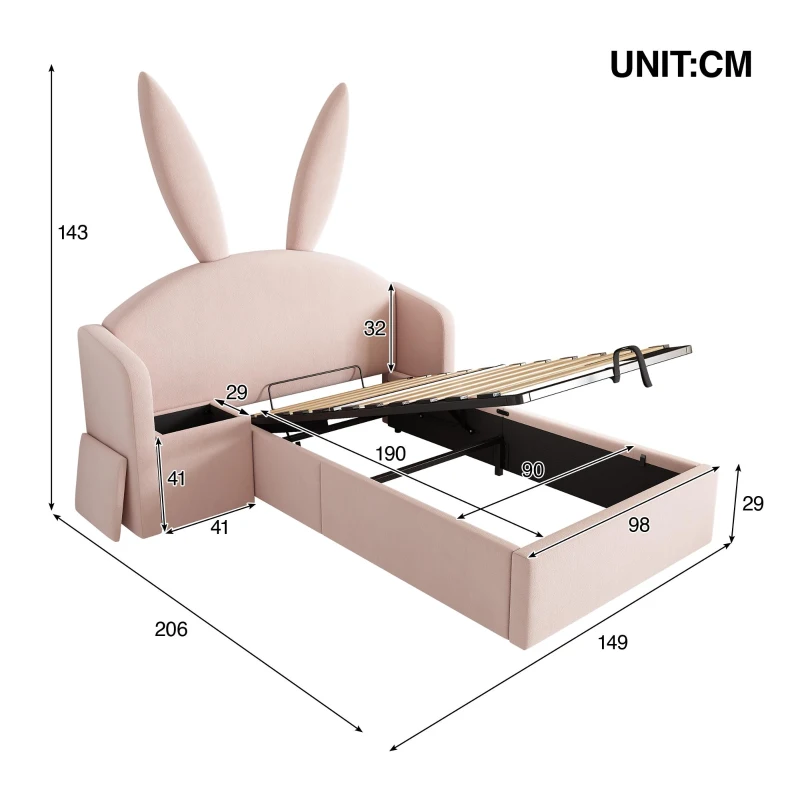 Bunny Ears Children's Upholstered Bed Frame with Hydraulic Storage, Rose Velvet Kids Bed with Thick Padded Headboard, 206L x 149W x 143H cm, Rose