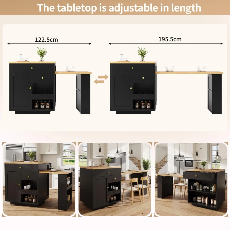 Extendable Kitchen Island with Storage and MDF Top, Space-Saving Dining Bar with Built-In Wine Rack, 195.5L x 70W x 94H cm, Black