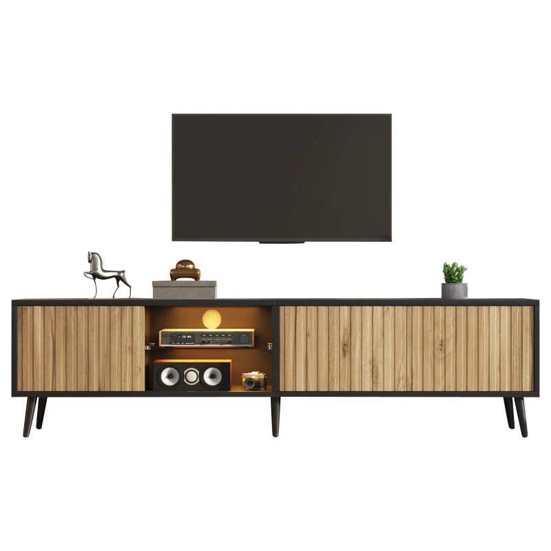 Mid-Century TV Cabinet with Smart App LED Lighting, Modern TV Stand with Built-In Cable Management, 175L x 31W x 43.5H cm, Black+Wood