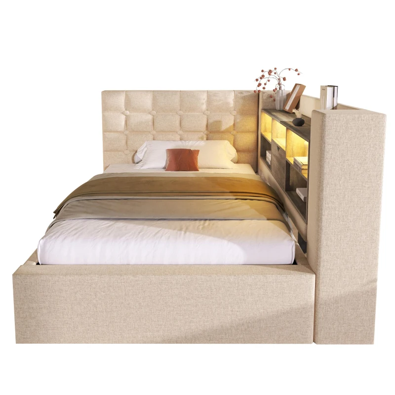 Upholstered Daybed with Hydraulic Under-Bed Storage, Beige Linen Sofa Bed with App-Controlled LED Lighting, 203L x 108W x 86H cm, Beige