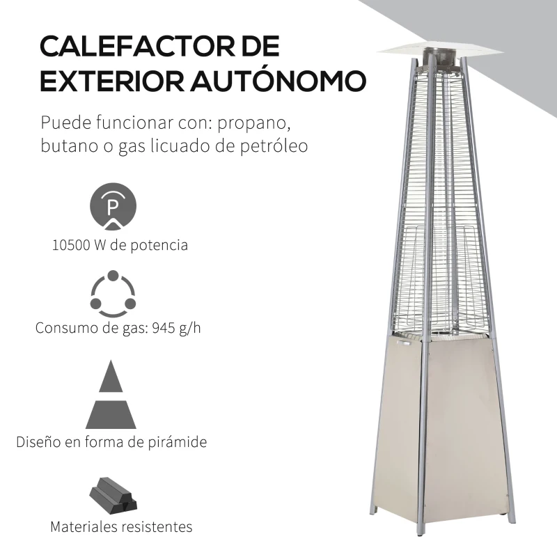 Outsunny Estufa de Gas para Exterior Pirámide 10500 W Calefactor para Patio de Propano Acero Inoxidable con Funda Protectora Regulador Manguera Sistema Anti-Vuelco y Ruedas 10 m² Plata