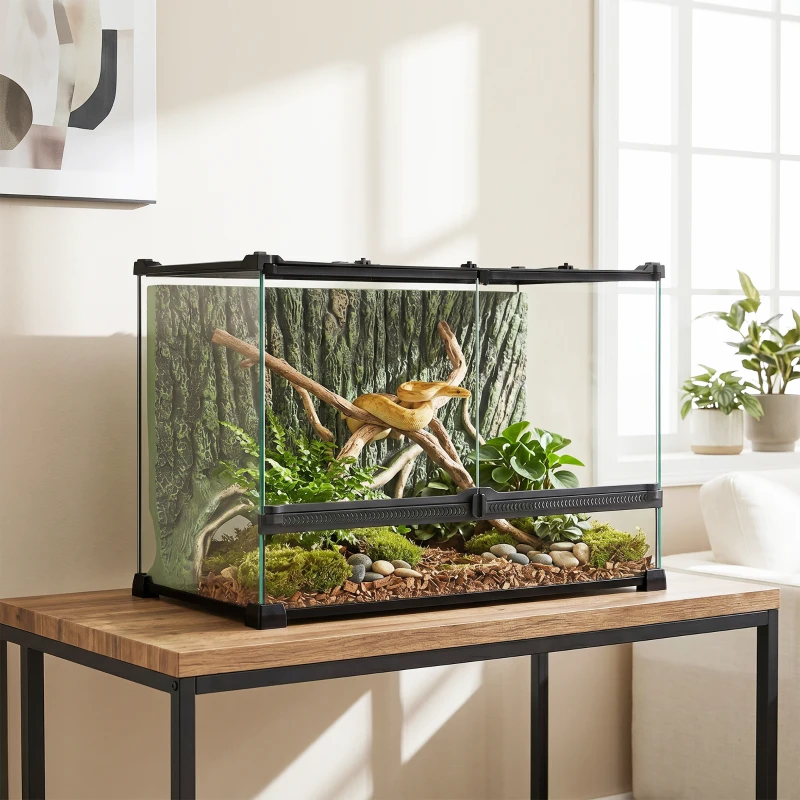 PawHut Reptile Glass Terrarium with Stone Background, Front Ventilation, Escape-Proof Knob Lock, 50 x 30 x 35 cm, Black
