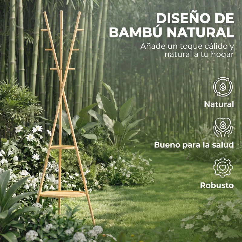 HOMCOM Perchero de Pie de Bambú Perchero para Ropa con 2 Estantes y 9 Ganchos Diseño Elegante 58,5x58,5x176 cm Natural
