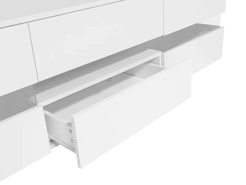 High-Gloss LED TV Cabinet with App-Controlled LED Lighting, Modern TV Stand with 2 Open Shelves, 160L x 38W x 50.5H cm, White